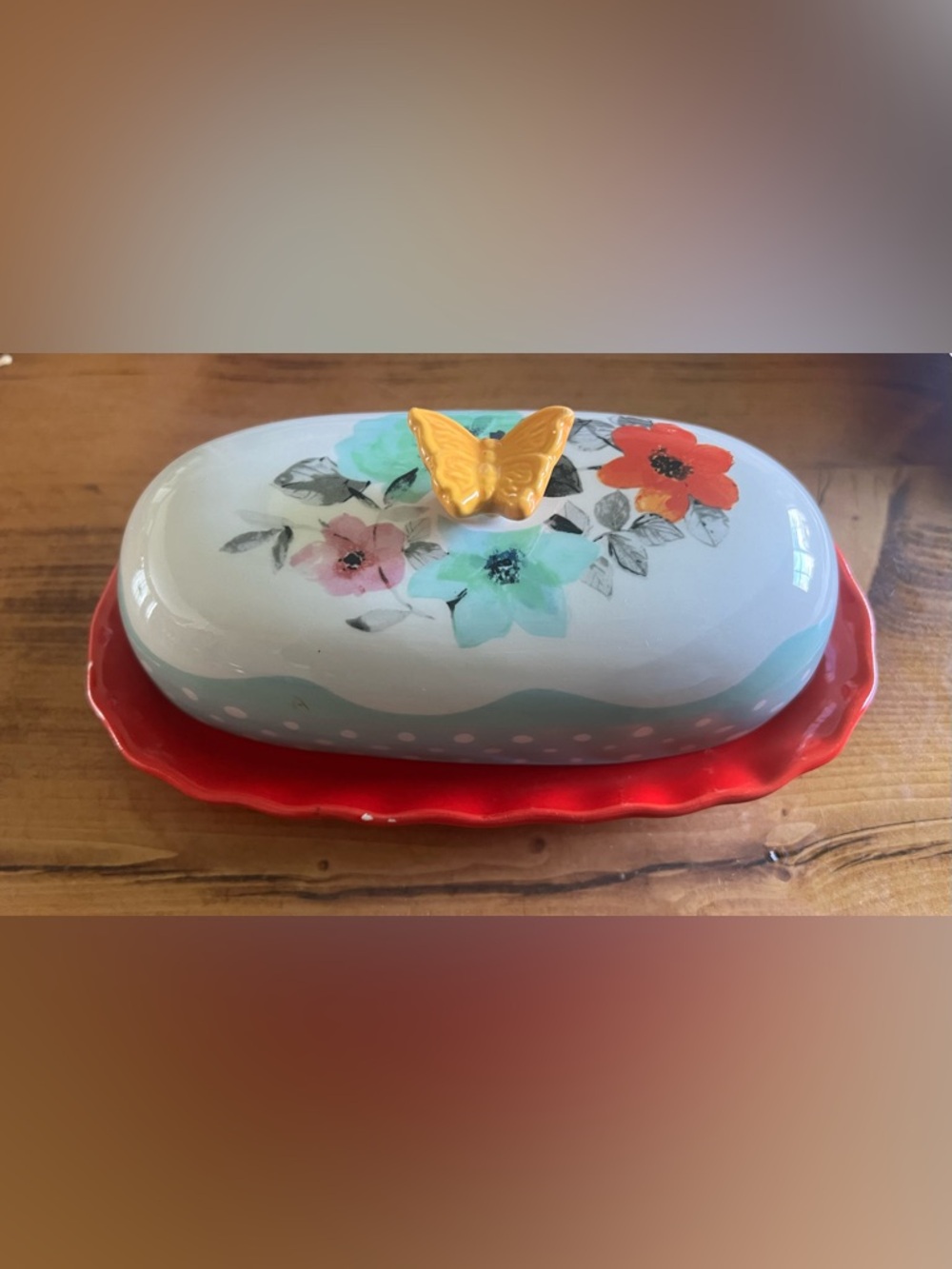 Pioneer Woman Butter Dish Red Tray Floral Lid with Butterfly 2 Pc Set.